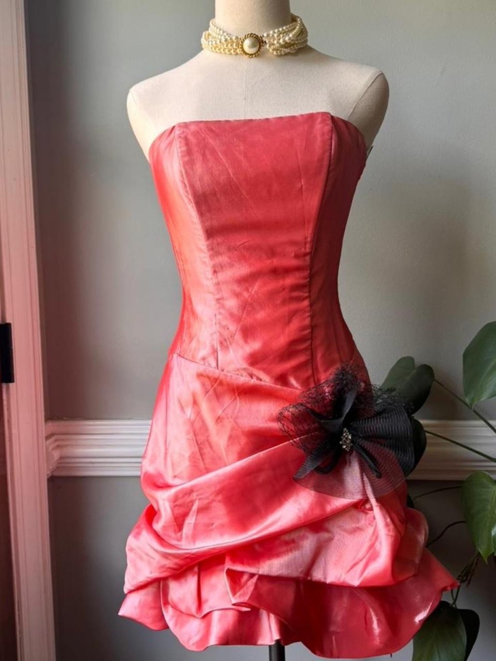 Strapless Coral-Pink Satin Maxi Dress with Black Floral Accent